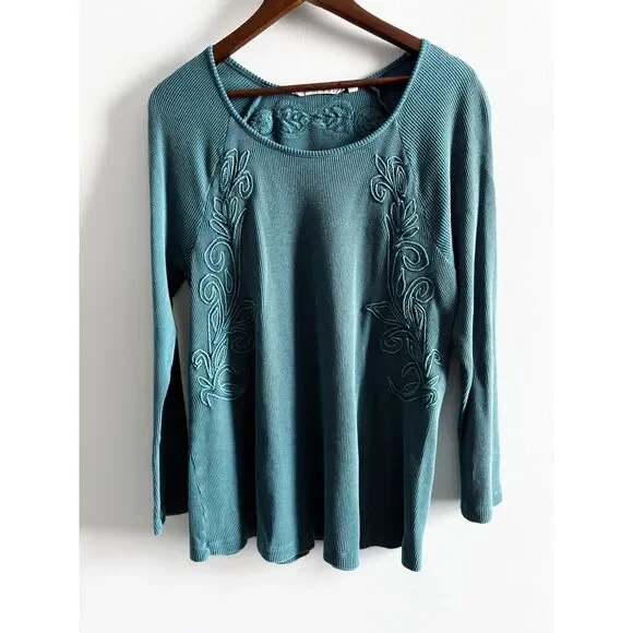 Soft Surroundings Teal Embroidered Waffle Knit Tunic Top Large Long Sleeve Boho - Picture 4 of 8